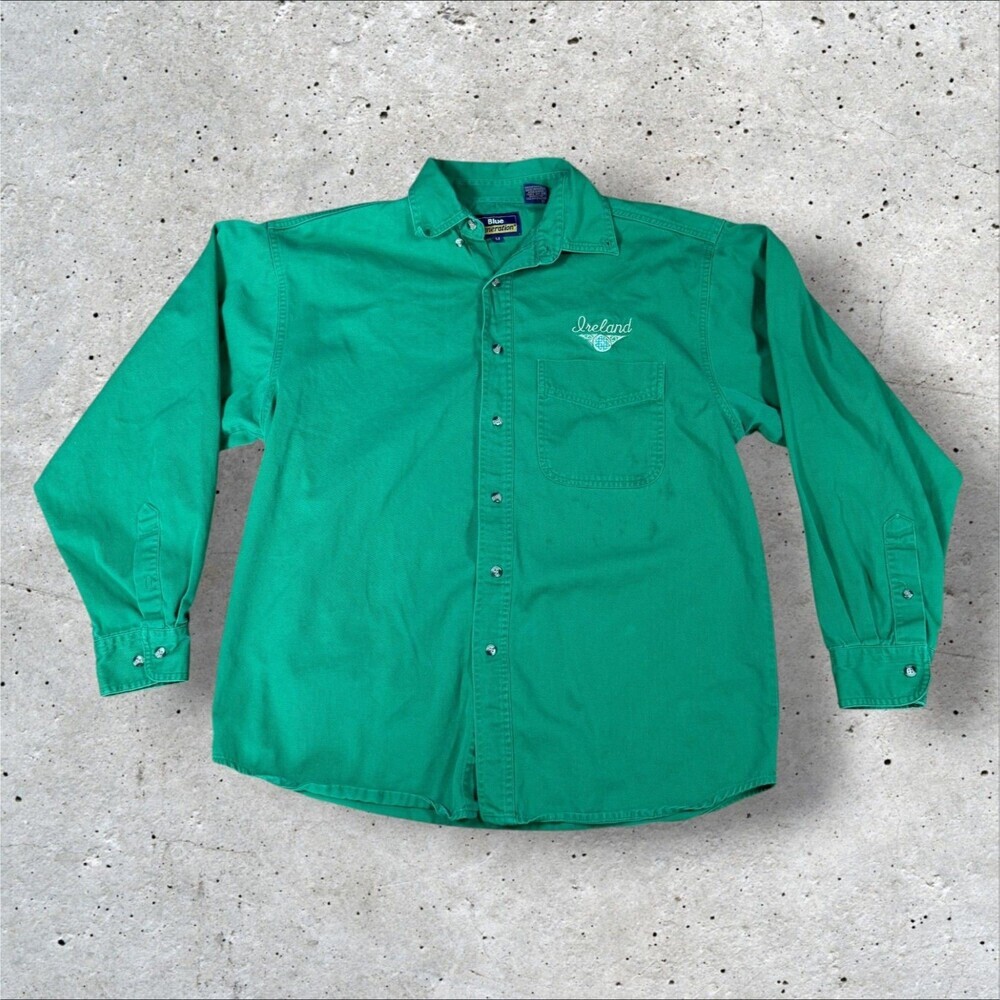 Blue Generation Ireland Shirt Mens Medium Green Twill Cotton Long Sleeve Button